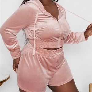 Plus Pink Velvet Hoodie & Shorts Set